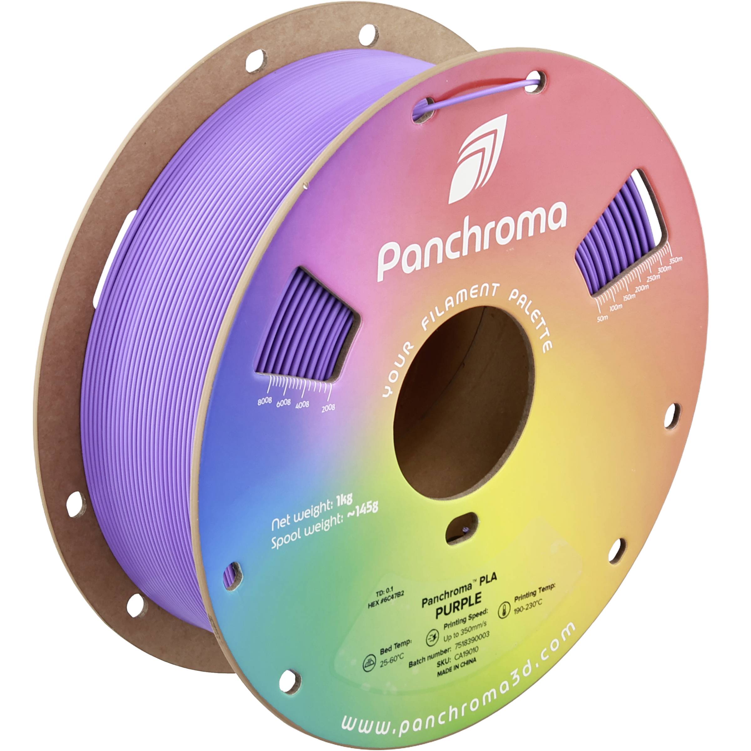 Spule aus violettem 3D-Drucker-Filament mit der Bezeichnung „Panchroma