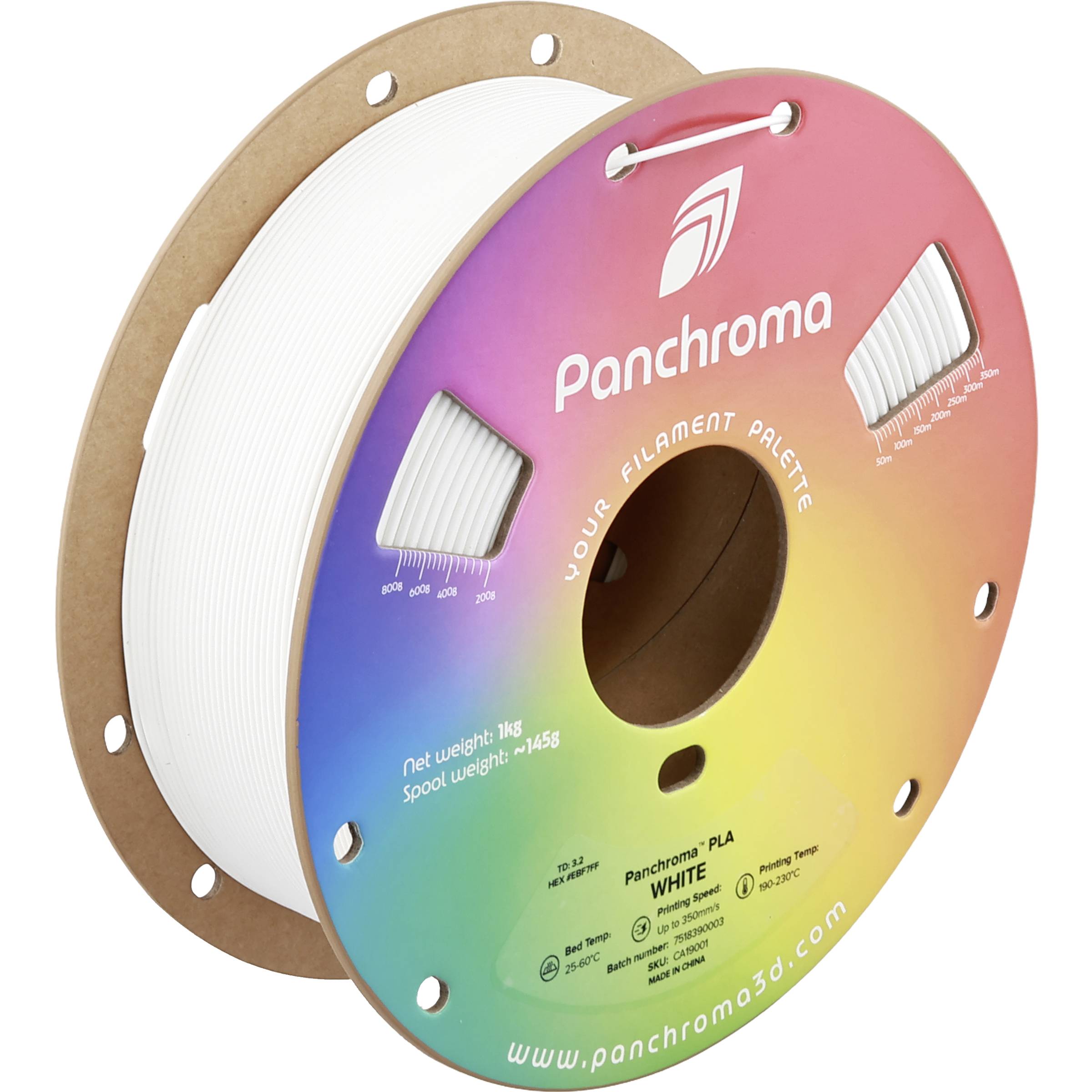 Spulen mit 3D-Druckfilament, wobei eine Panchroma-PLA-Weiß-Spule vor einer einfachen weißen Spule gezeigt wird.