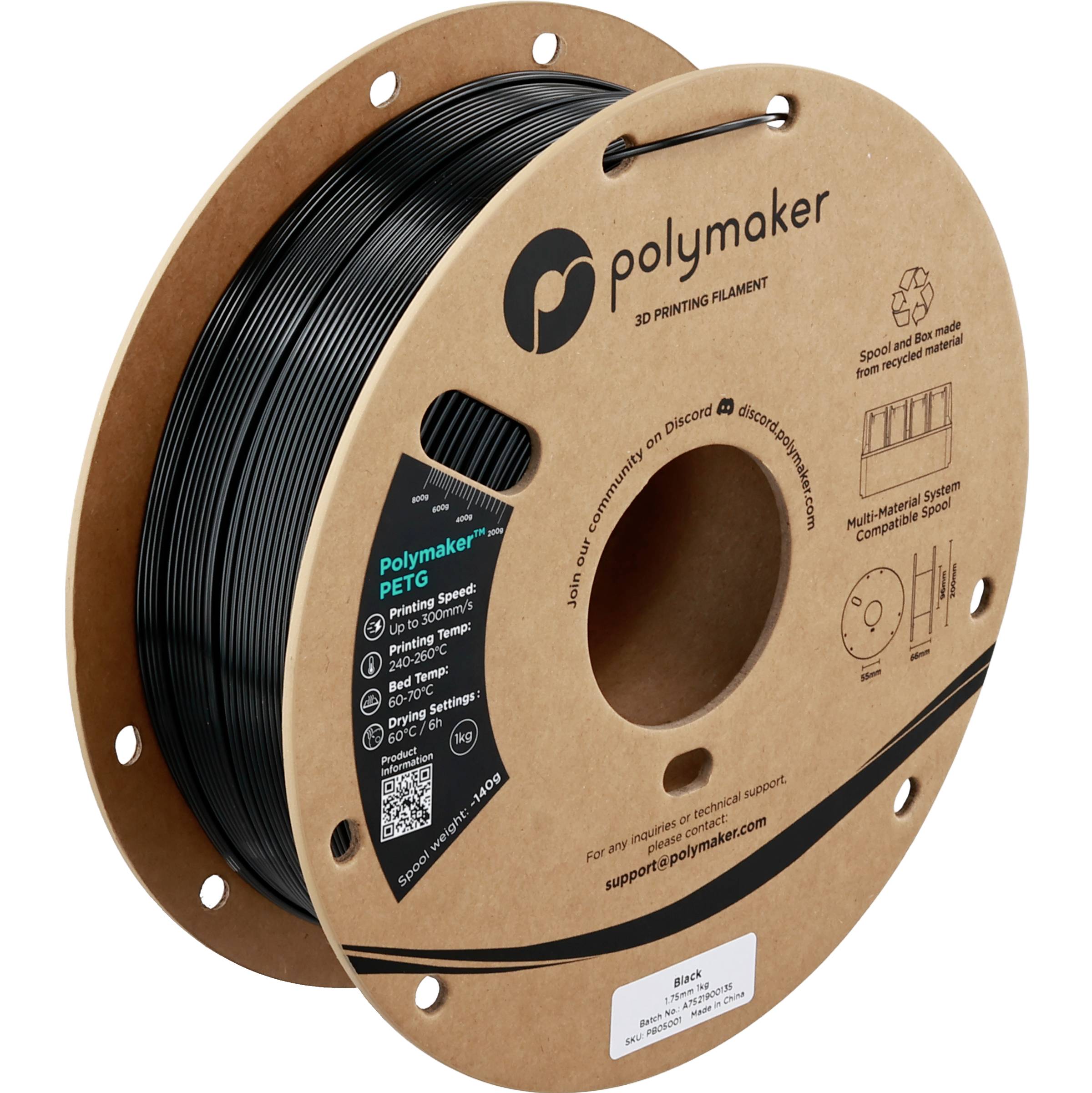 Spule mit schwarzem Polymaker PETG 3D-Druckmaterial auf einer braunen Kartonspule mit Produkt- und Recyclinginformationen gekennzeichnet.