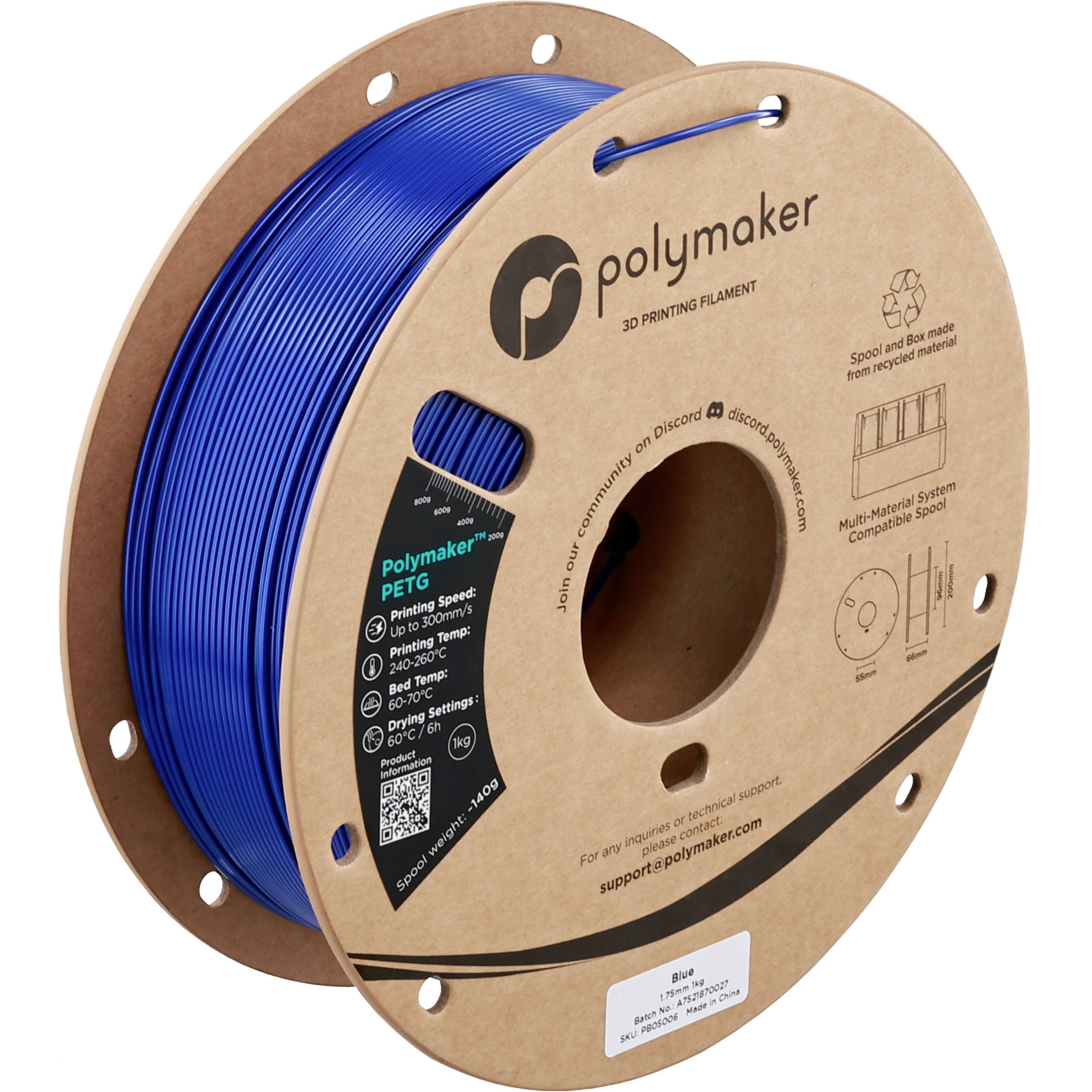 Spule aus blauem Polymaker PETG 3D-Druckfilament in einer Pappschachtel mit der Aufschrift „Polymaker