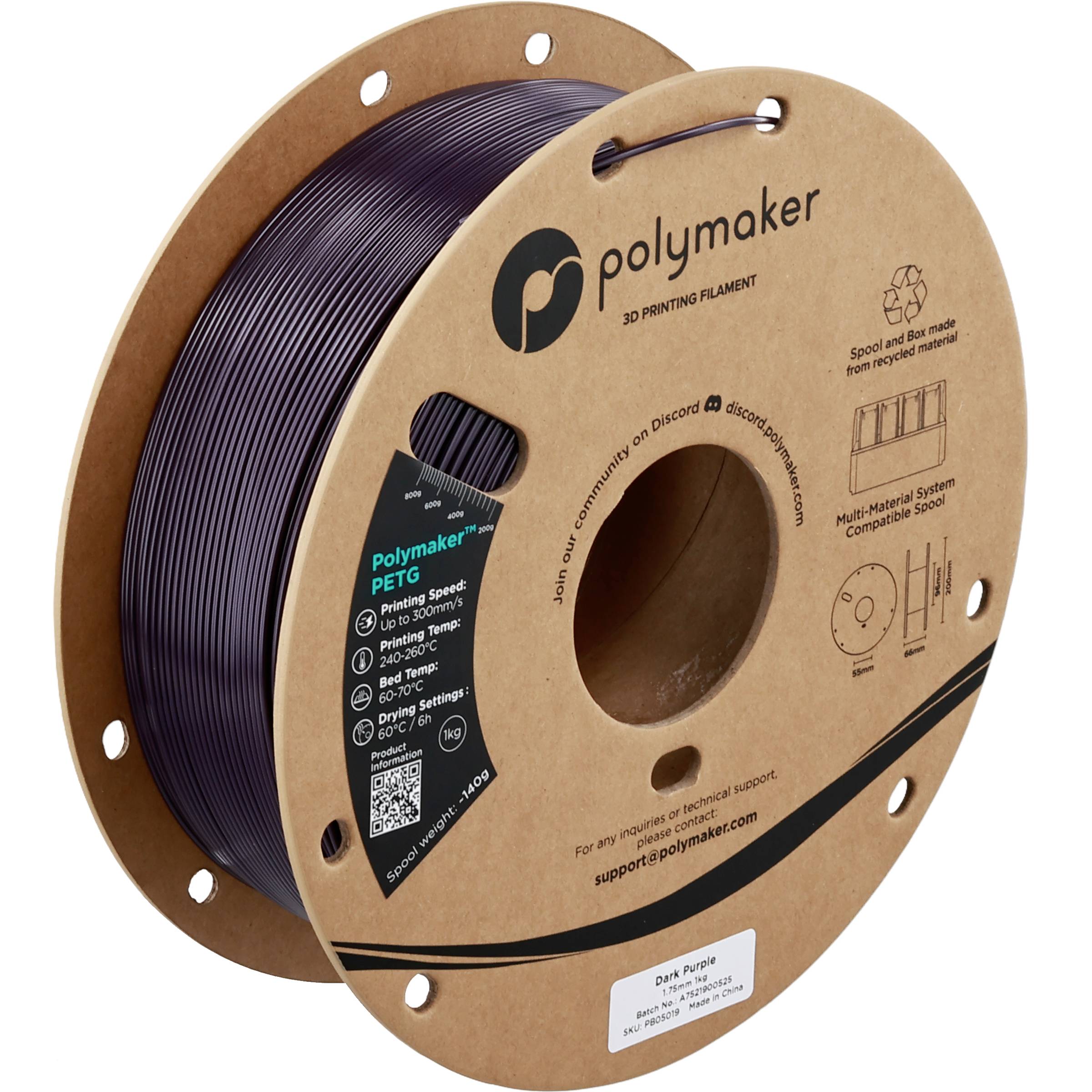 Eine Spule dunkles lila Polymaker PETG 3D-Druckfilament auf einer Kartonspule mit gedruckten Produktinformationen.