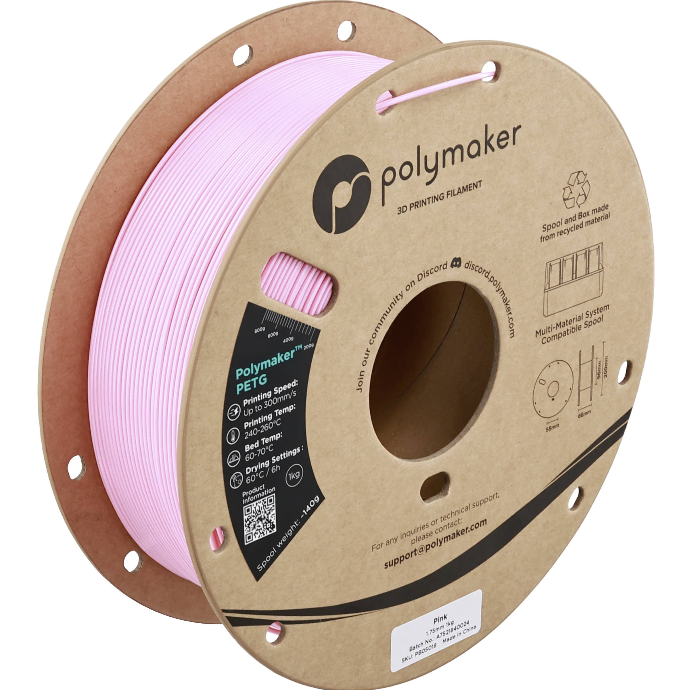 Polymaker PETG 3D-Druckfilament-Spule mit rosa Filament auf einer braunen Pappelrolle, gezeigt in Produktverpackung.