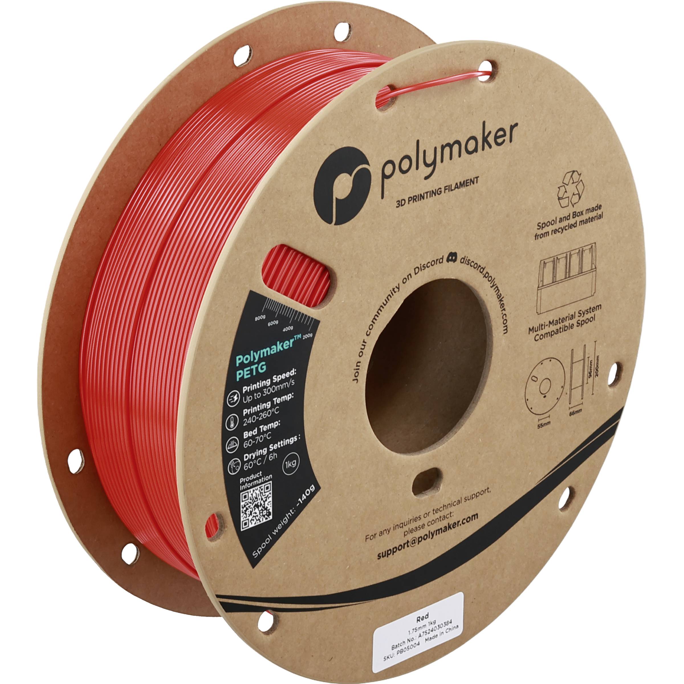 Spule mit rotem Polymaker PETG 3D-Druckfilament auf einer Pappspule.