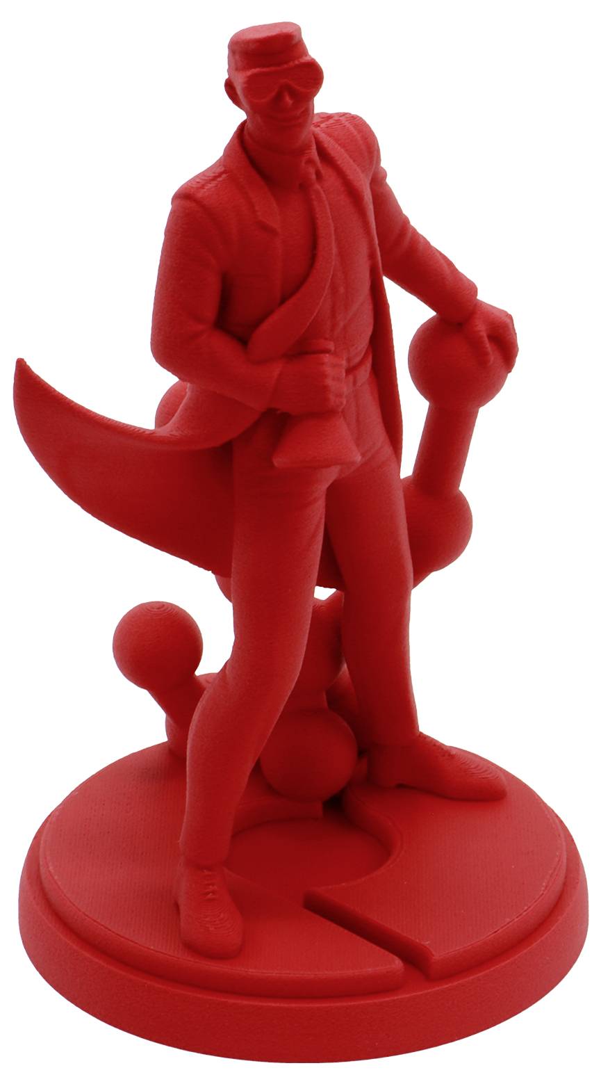 Rote 3D-Figur eines maskierten Mannes in einem langen Mantel, der auf einer runden Basis steht, ein Schwert und einen Stock haltend.