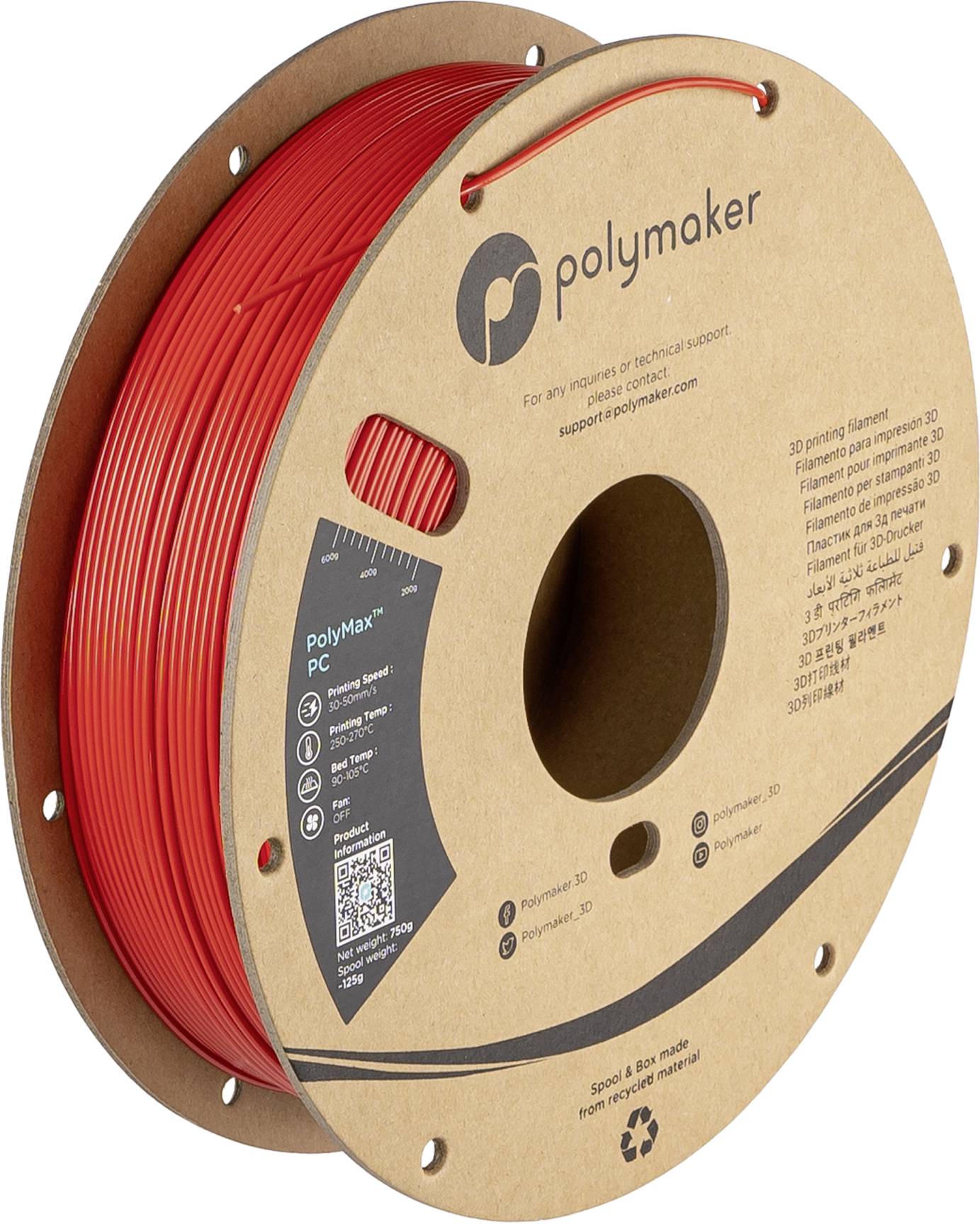 Spule mit rotem Polymaker-3D-Druckfilament auf einer Pappspule mit der Bezeichnung 