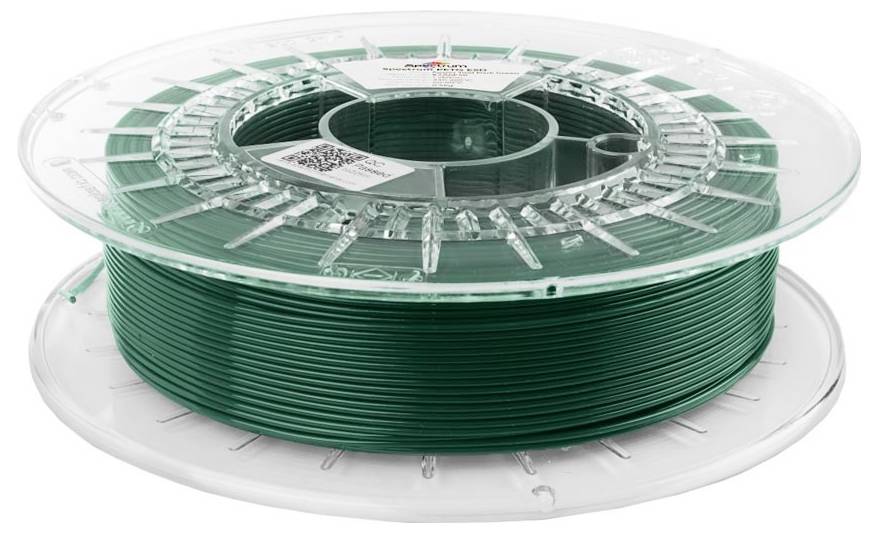 Eine Spule grünem 3D-Druckerfilament, das auf einer durchsichtigen Kunststoffrolle aufgewickelt ist.