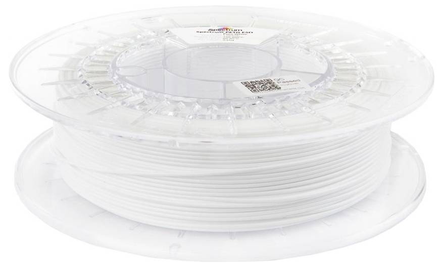 Durchsichtige Kunststoffspule mit weißem Filament oder Draht, dargestellt in produktartiger Verpackung auf weißem Hintergrund.