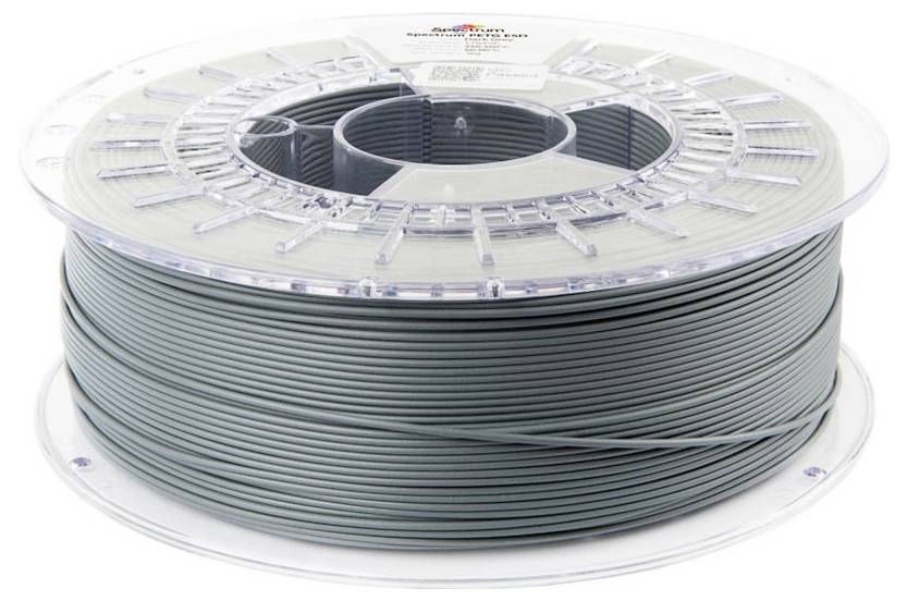 Eine große Spule aus grauem 3D-Drucker-Filament, das auf einer durchsichtigen Kunststoffspule aufgewickelt ist.