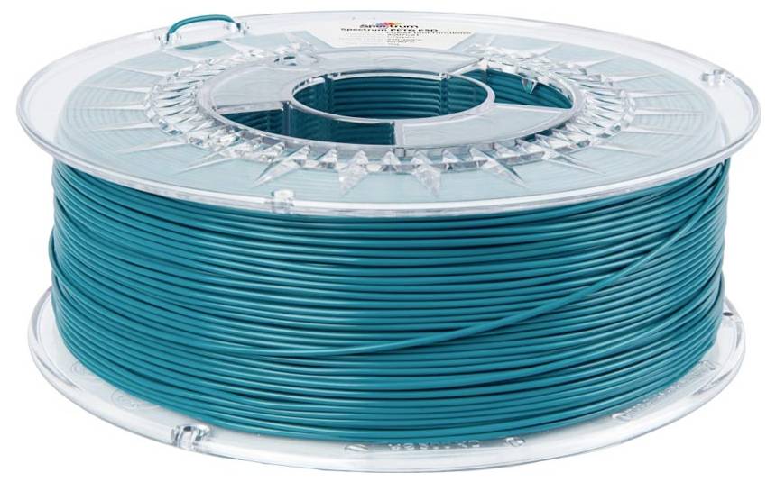Spule aus türkisfarbenem 3D-Druckfilament, aufgewickelt auf einer durchsichtigen Kunststoffspule.
