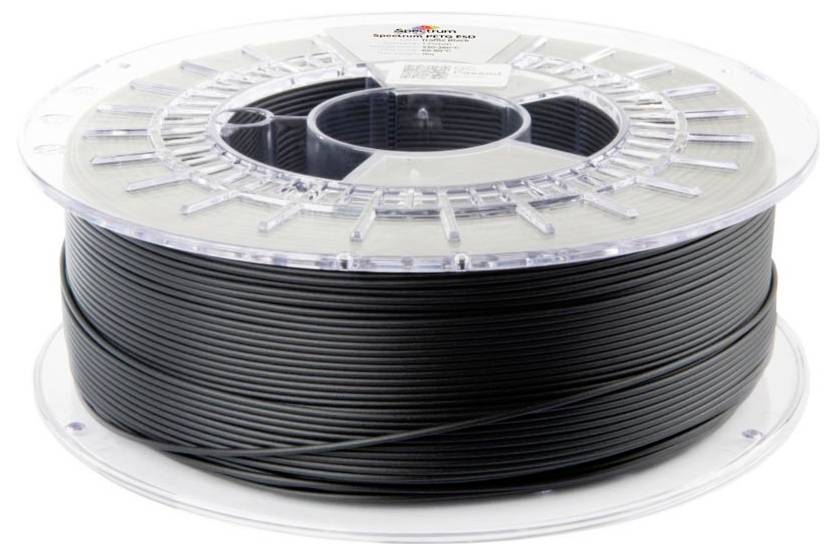 Eine Spule schwarzes 3D-Druckfilament auf einer durchsichtigen Kunststoffspule, vor einem weißen Hintergrund dargestellt.