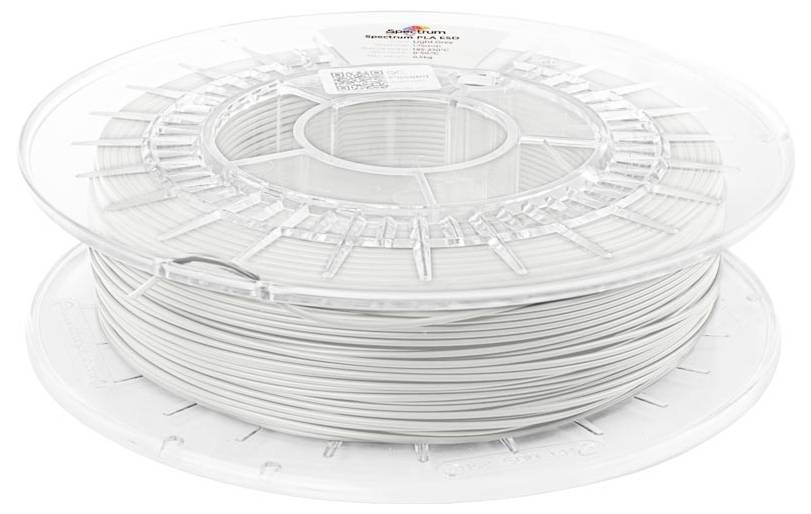 Spule mit weißem 3D-Druckfilament auf einer transparenten Kunststoffspule, dargestellt in der Produktverpackung.