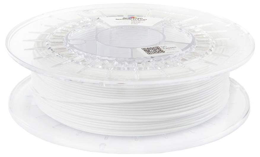 Leere Spule mit weißem Filament, das auf einer transparenten Rolle aufgewickelt ist, isoliert auf weißem Hintergrund dargestellt.