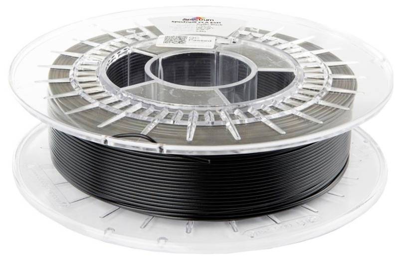 Spule mit schwarzem 3D-Druckfilament auf einer transparenten Kunststoffrolle