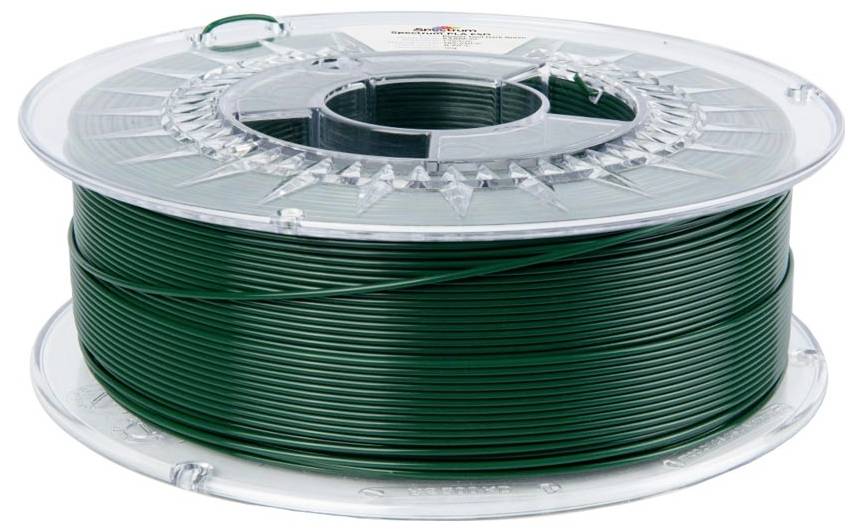 Spule mit dunkelgrünem Filament oder Draht, das auf einer durchsichtigen Kunststoffspule aufgewickelt ist, freigestellt auf weißem Hintergrund.