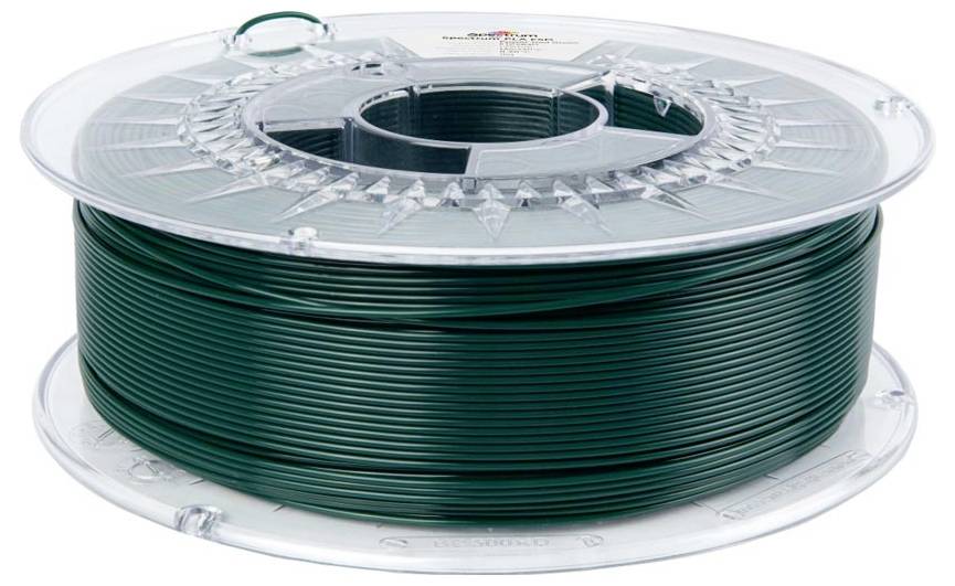 Spule mit dunkelgrünem Filament oder Draht, aufgewickelt auf eine transparente Kunststoffspule, freigestellt auf weißem Hintergrund.