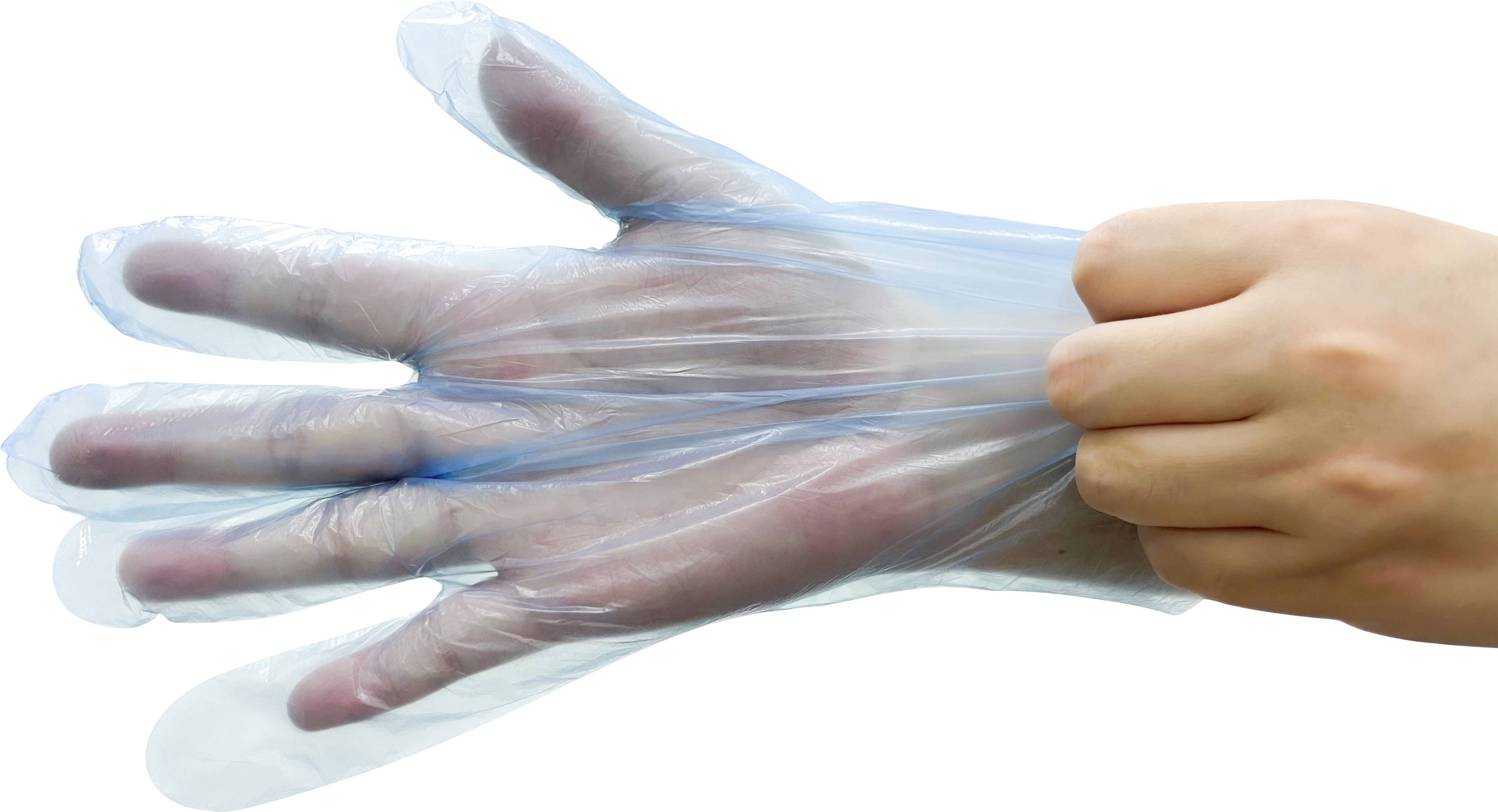 Eine Person zieht einen transparenten Handschuh über ihre Hand und veranschaulicht damit dessen Strapazierfähigkeit und Flexibilität.