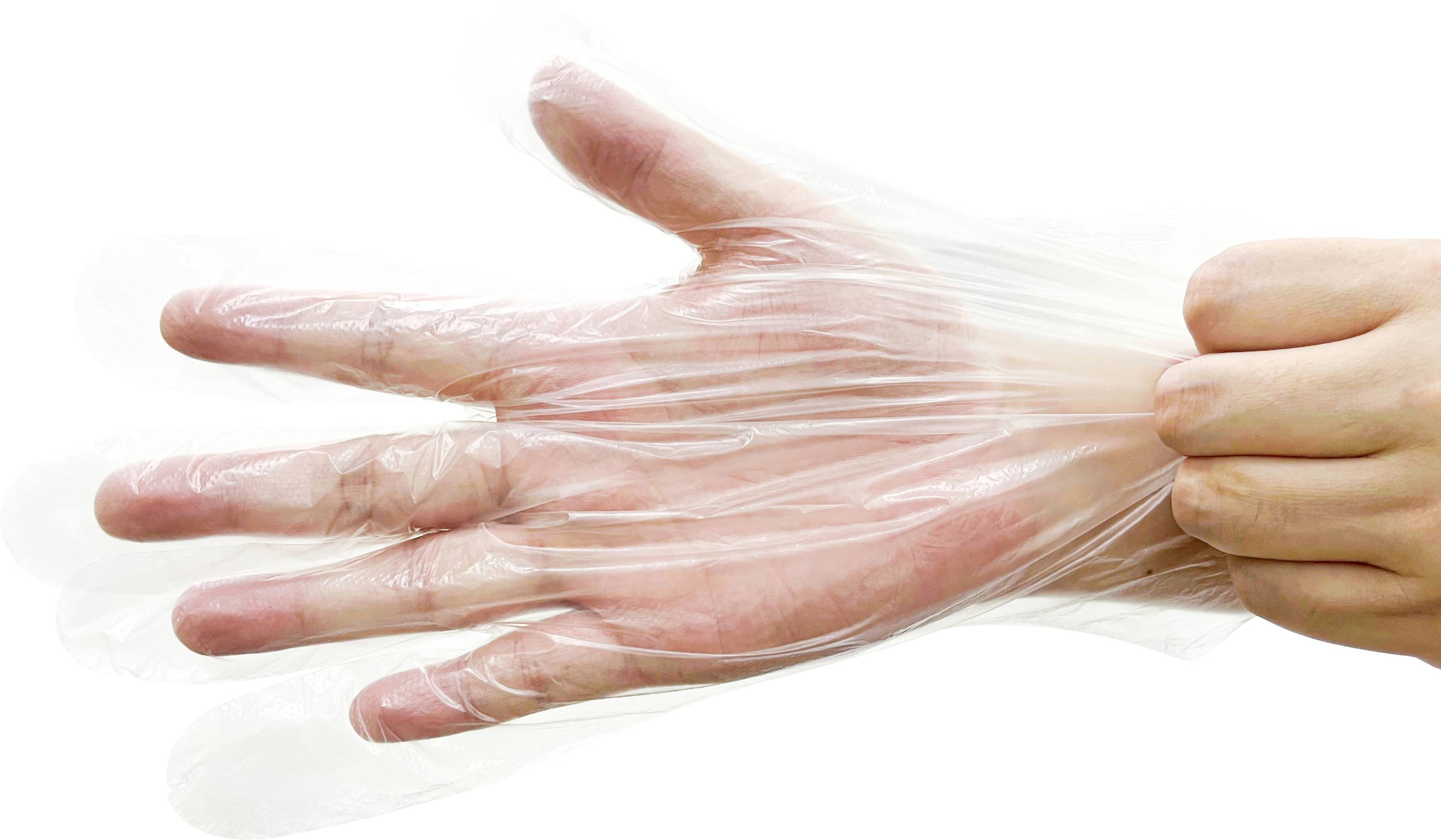 Die Hand einer Person wird mit einem transparenten Kunststoffhandschuh bedeckt, was die richtige Technik zum Anziehen von Handschuhen für Hygiene oder Lebensmittelbehandlung veranschaulicht.