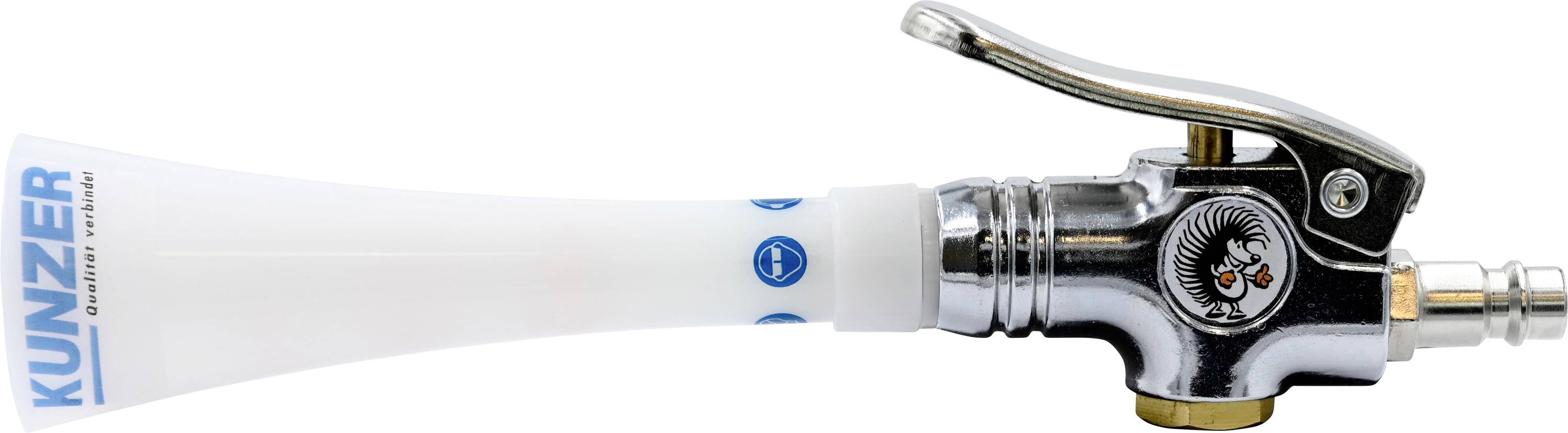 Eine Nahaufnahme eines Kunzer-Reinigungswerkzeugs, das einen metallischen Griff, eine Düse und ein Logo auf der Seite zeigt, das für die Automobilwartung verwendet wird.