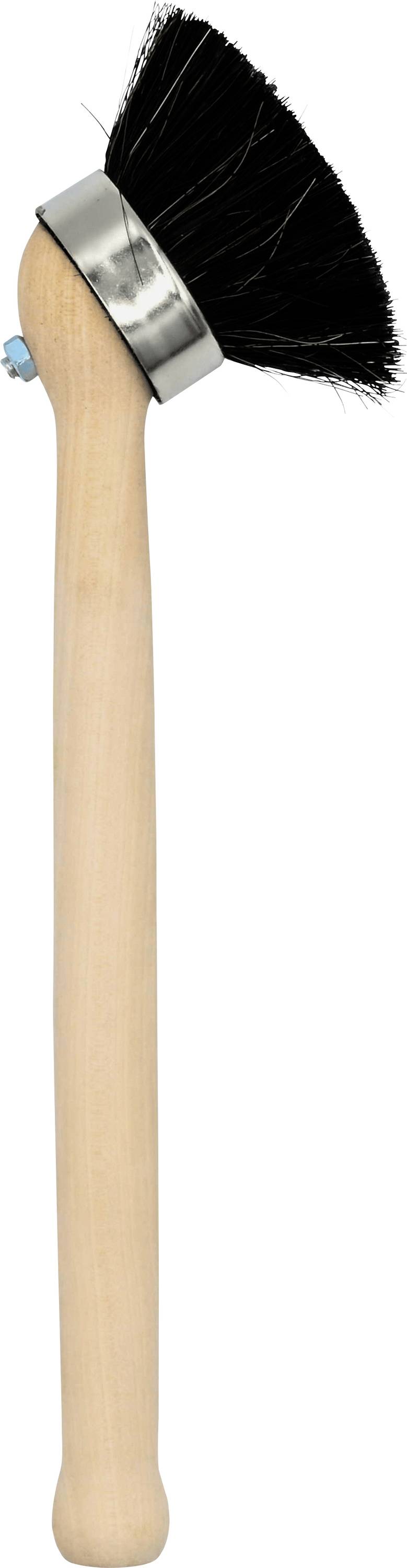 Eine Bürste mit Holzgriff, schwarzen Borsten und einem Metallband, das die Borsten zusammenhält, verwendet zum Reinigen oder Schrubben.