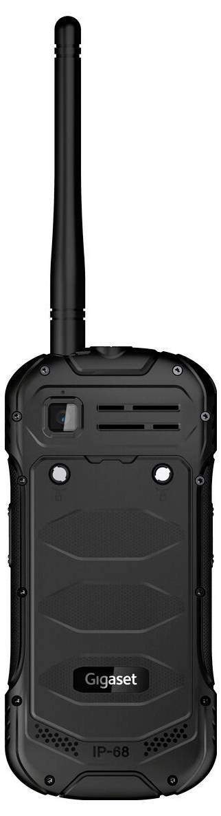 Ein robustes schwarzes Funkgerät mit einer Antenne, gekennzeichnet mit „Gigaset