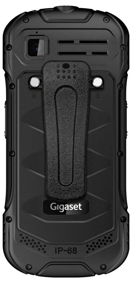 Ein robustes Smartphone mit strukturiertem schwarzem Design, das eine stabile Rückseite und den Markennamen Gigaset aufweist.