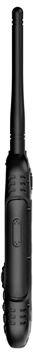 Ein schlankes, schwarzes Funkgerät mit zwei Kanälen und verlängerter Antenne, das Seitentasten und eine robuste Oberfläche zeigt, entworfen für klare Kommunikation.