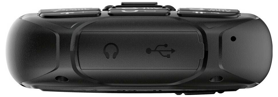 Ein schwarzes elektronisches Gerät mit einem Kopfhörer- und USB-Symbol auf einem zentralen Bedienfeld, das vermutlich Audio- und Ladeanschlüsse anzeigt.