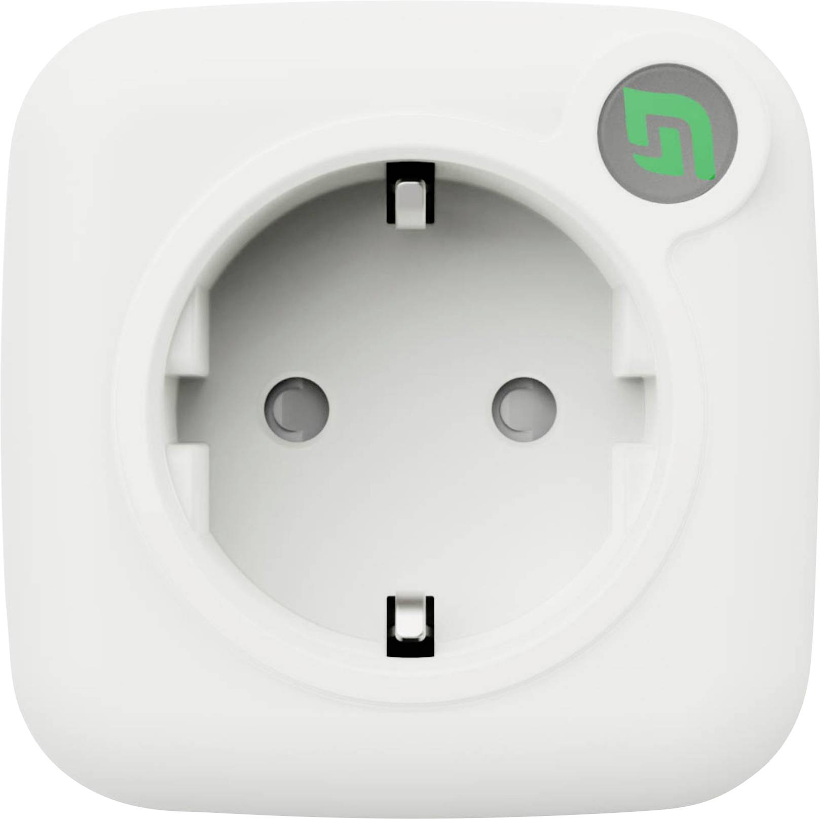 Eine weiße elektrische Wandsteckdose mit zwei runden Löchern und einem kleinen grau-grünen Logo in der Ecke.