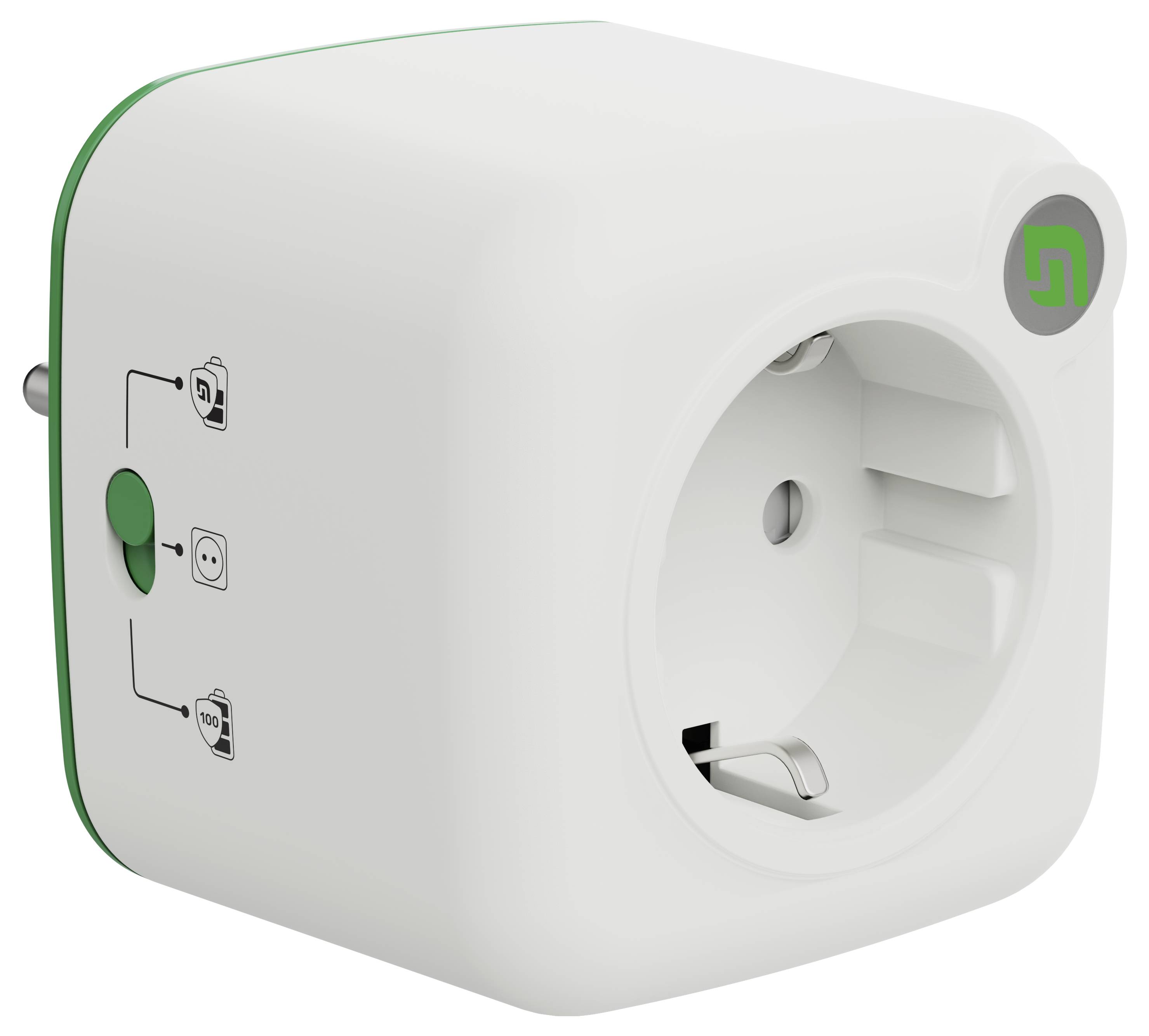 Ein weißes intelligentes Steckdosenelement mit grünem Knopf und Logo, entwickelt für Hausautomation, das sein kompaktes und elegantes Design zeigt.