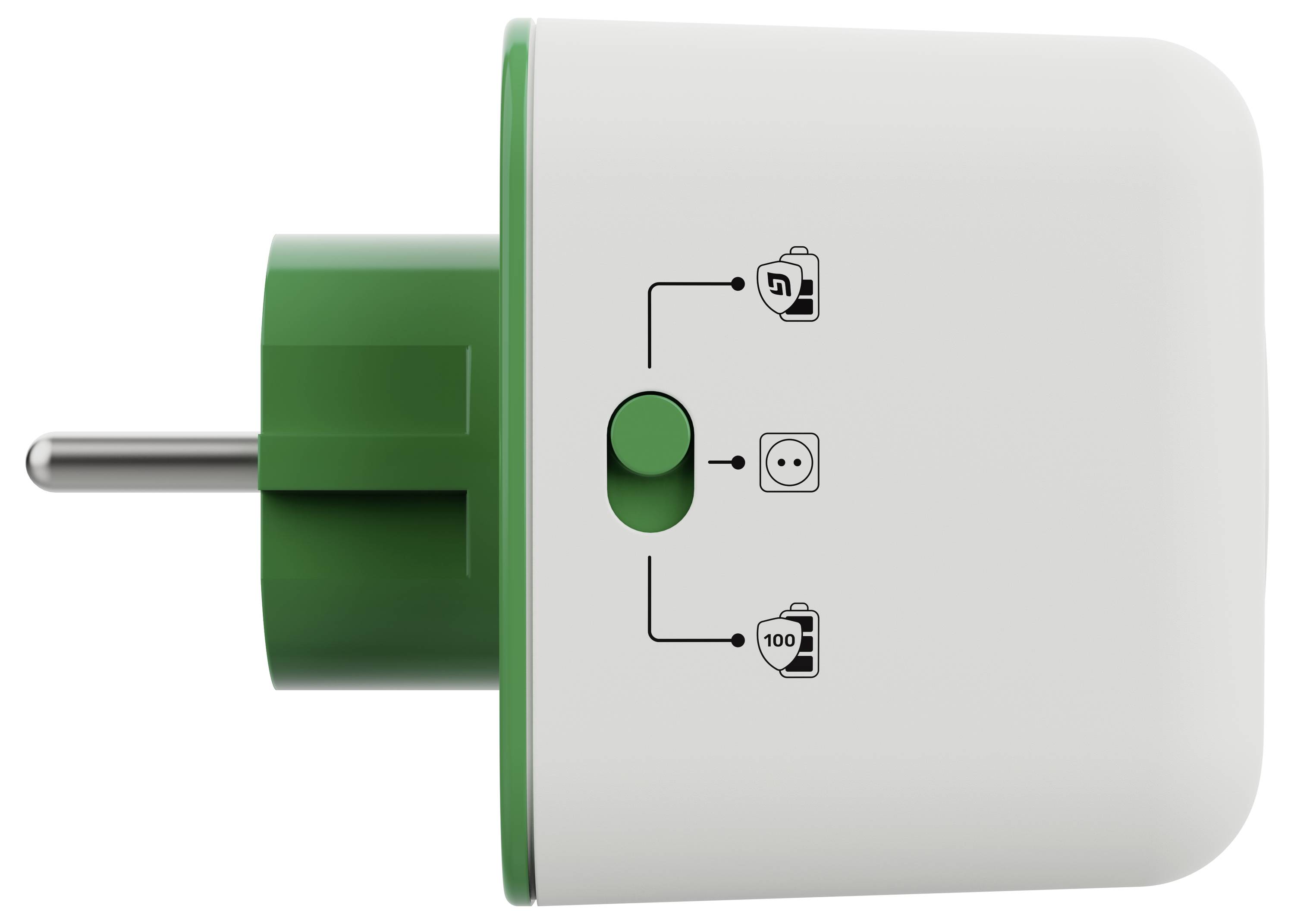 Ein grün-weißer Steckdosenadapter mit einer Taste und Symbolen, die Energieüberwachungs- und Stromsteuerungsfunktionen anzeigen.