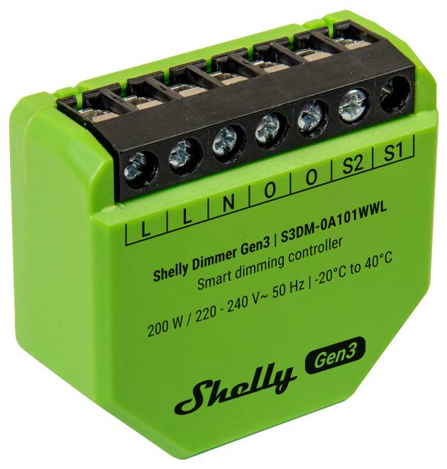 Green Shelly Gen3 Smart Dimmer Controller, gekennzeichnet als „S3DM-0A101WWL