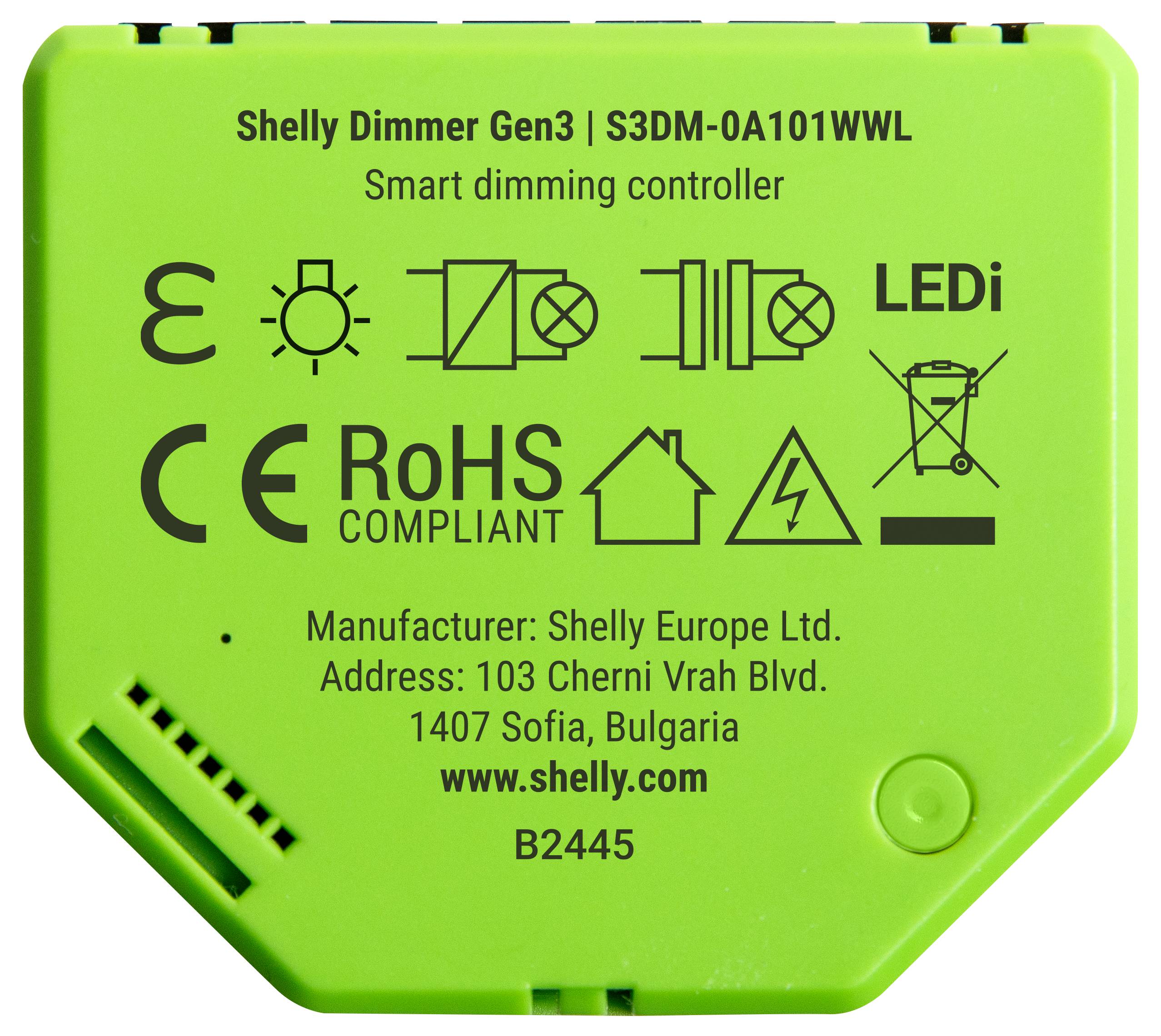 Green Shelly Dimmer Gen3 S3DM-0A101WWL-Gerät mit Konformitätssymbolen, LEDi-Kennzeichen und Herstellerinformationen einschließlich Adresse.