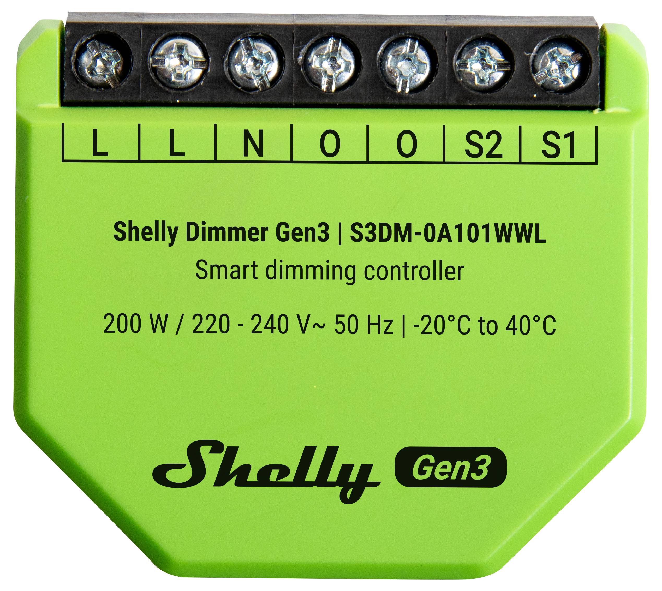 „Intelligenter grüner Dimmregler mit der Bezeichnung Shelly Dimmer Gen3, Modell S3DM-0A101WWL. Eingang: 200W, 220-240V, 50Hz. Temperatur: -20°C bis 40°C.