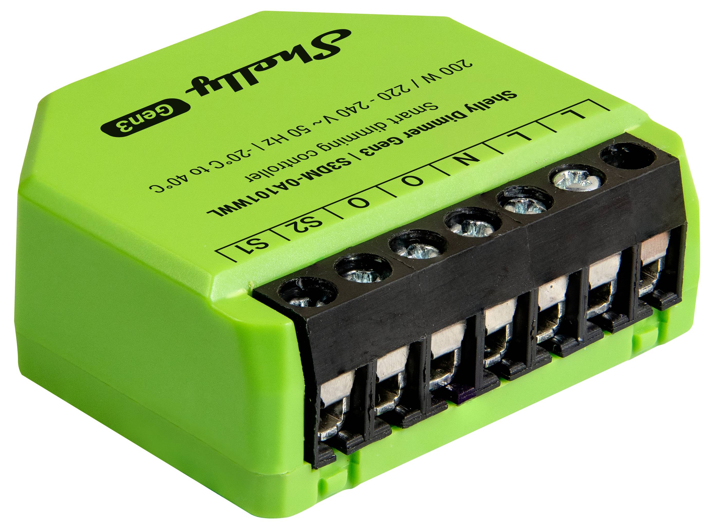 Ein kleines, grünes Shelly Gen3 Elektrogerät mit mehreren Anschllussklemmen, das zur intelligenten Hausautomation verwendet wird.