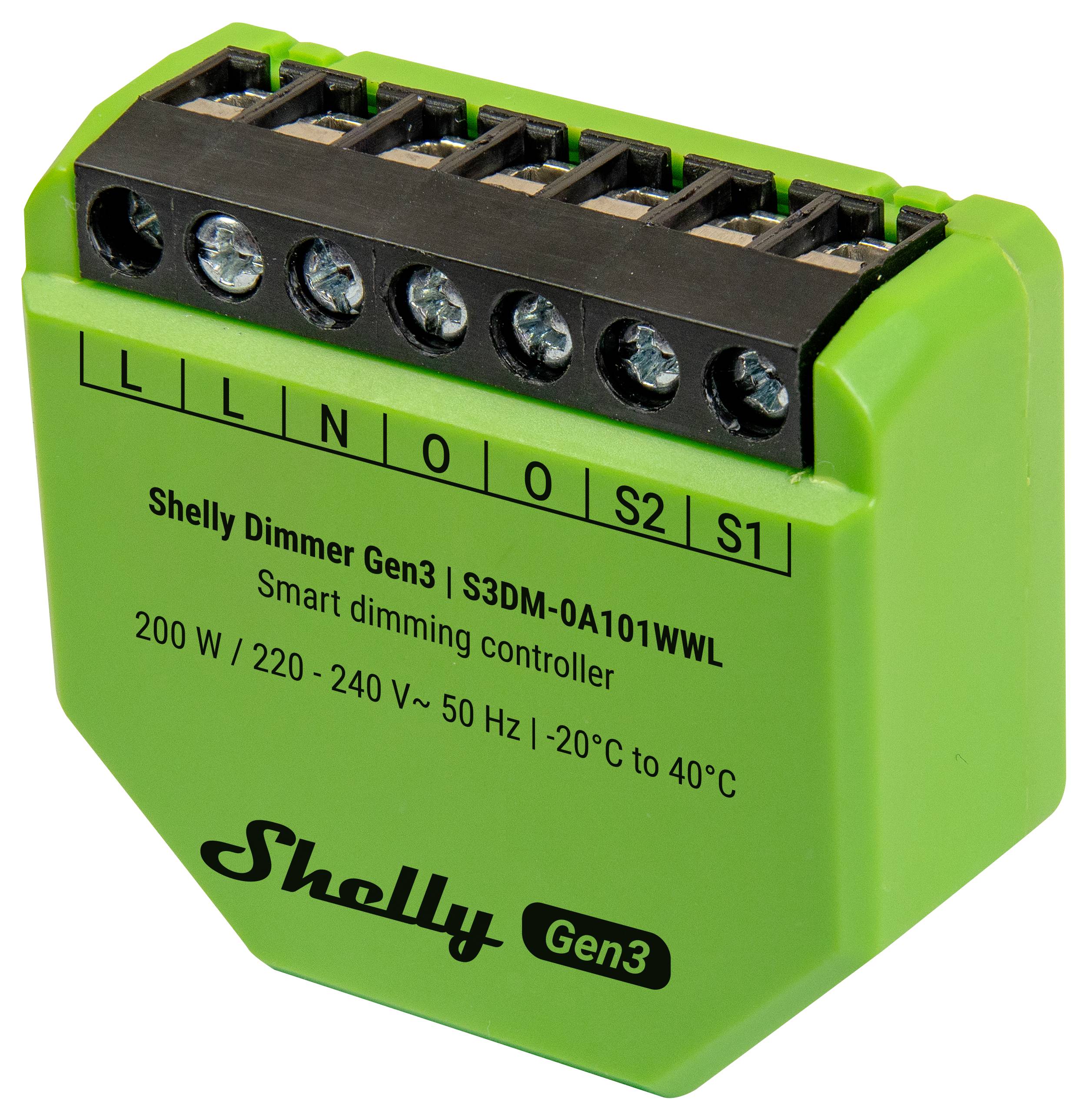 Grüner 'Shelly Dimmer Gen3' Smart-Dimmregler, gekennzeichnet mit 'S3DM-0A101WWL', für 200-240V, 50Hz, mit sechs Anschlussklemmen.