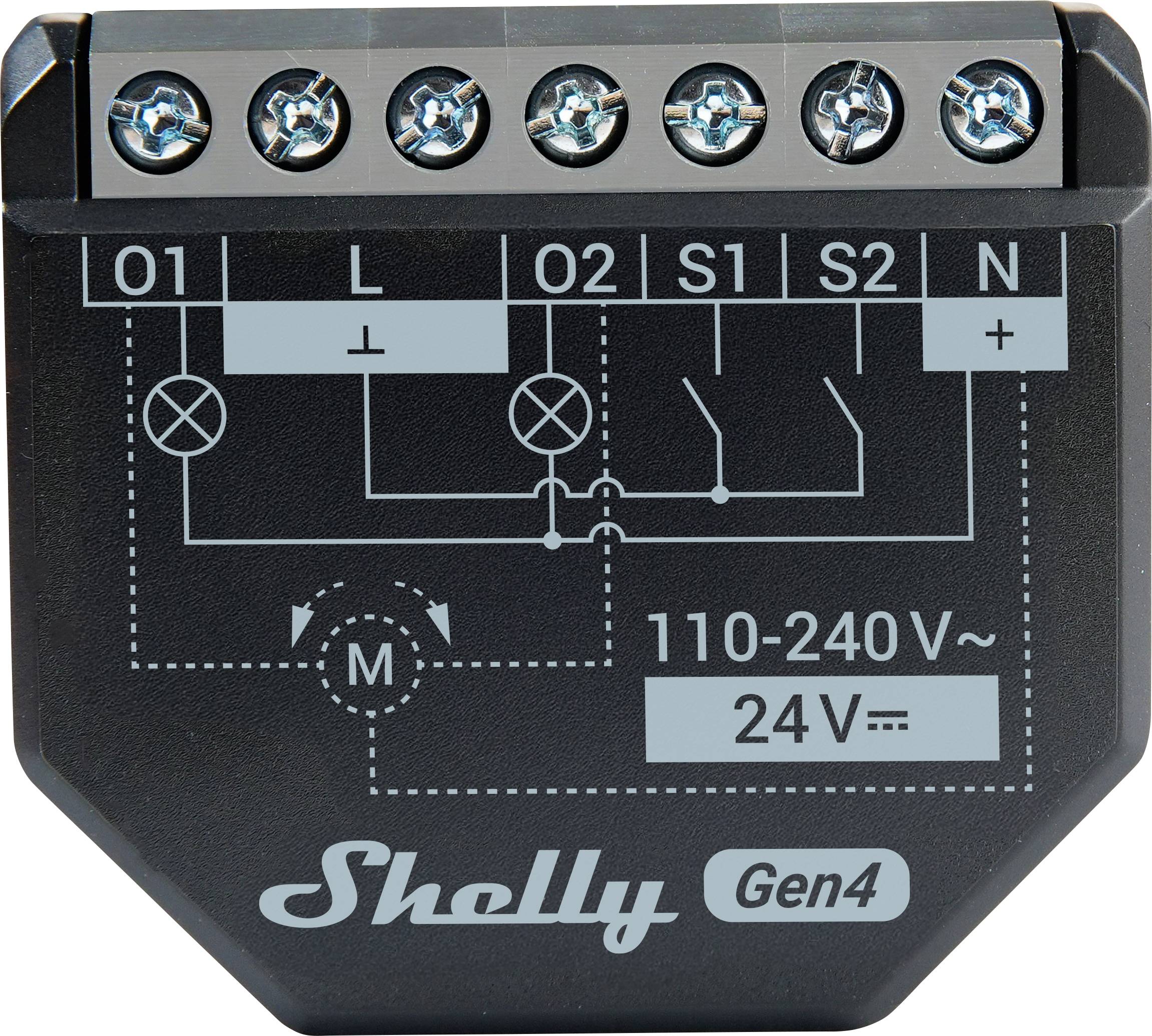 Das Bild zeigt ein Shelly Gen4-Elektrogerät mit Ein-Ausgabeanschlüssen, die mit O1, O2, S1, S2, L und N gekennzeichnet sind, sowie Spannungsspezifikationen von 110-240V und 24V.