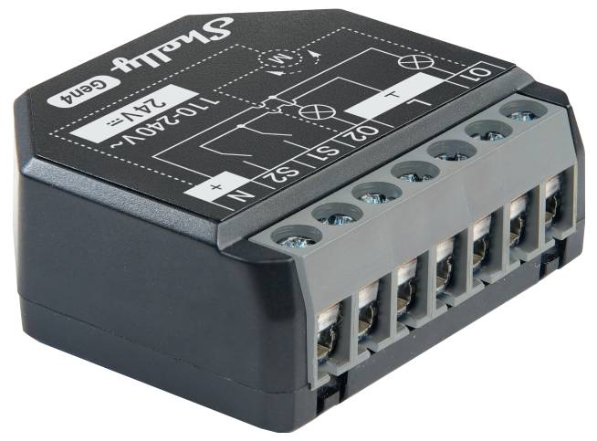 Ein Relaismodul mit mehreren Schraubklemmen mit den Bezeichnungen O1, O2, S1, S2, I und N, das 110-240V und 2-4V Eingänge unterstützt, in einem schwarzen Gehäuse dargestellt.