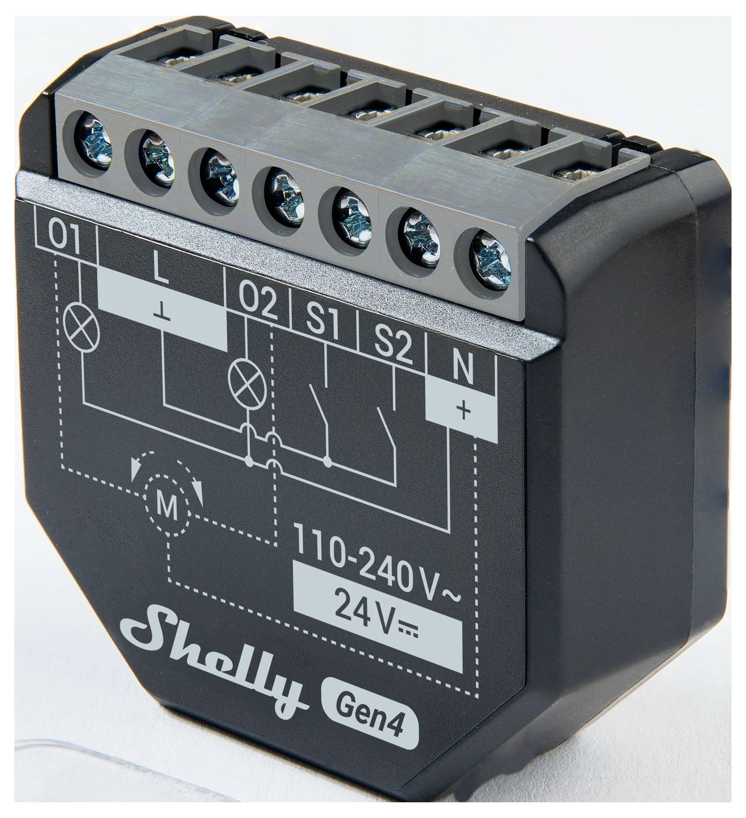 Gerät mit elektrischen Anschlüssen und Schaltplan auf der Vorderseite, beschriftet mit Shelly Gen4, 110-240V, 24V.