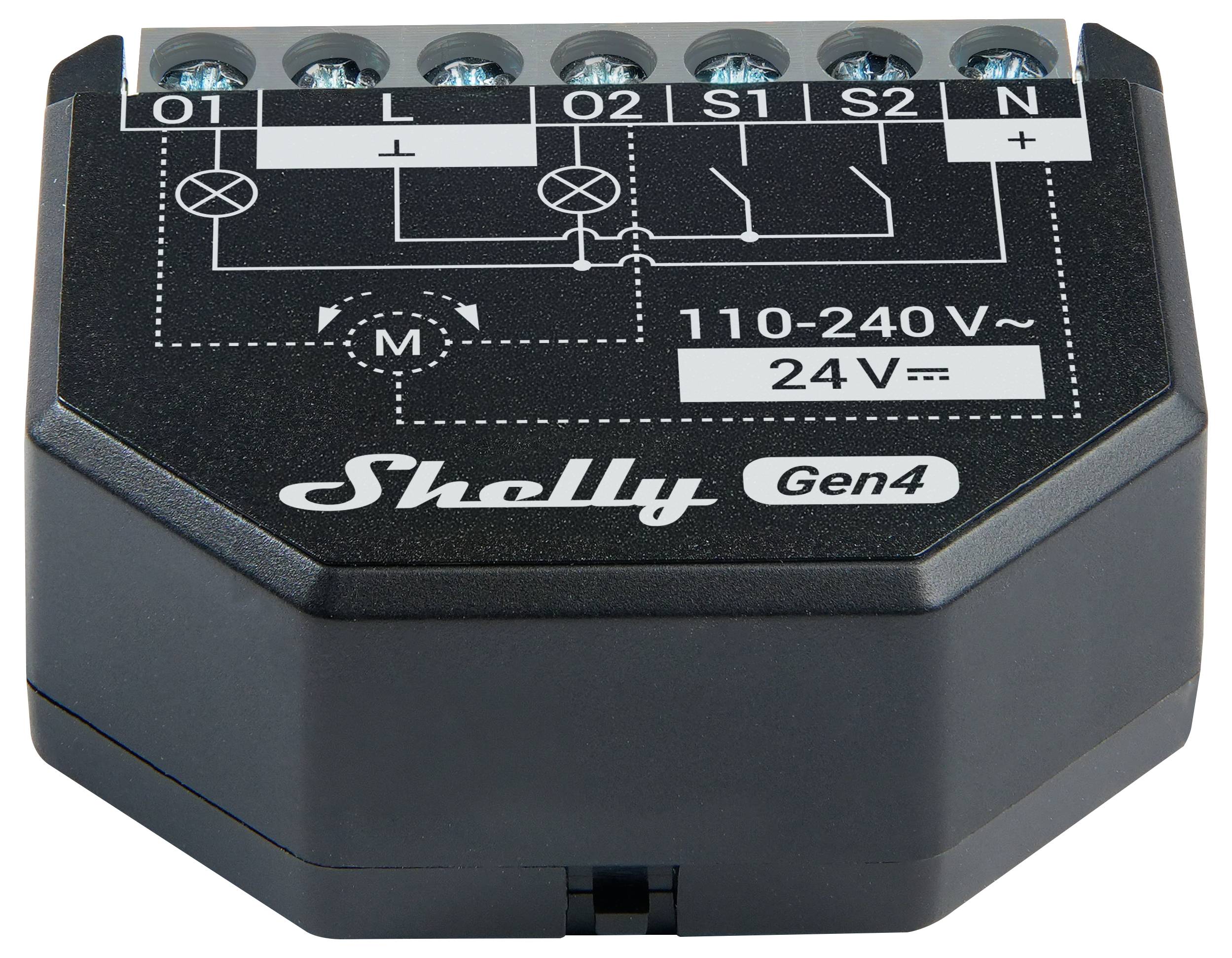 „Intelligentes Relaismodul mit mehreren Anschlüssen, gekennzeichnet mit O1, O2, S1, S2, N; Spannungsindikatoren 110-240V~, 24V. Marke: Shelly Gen4.