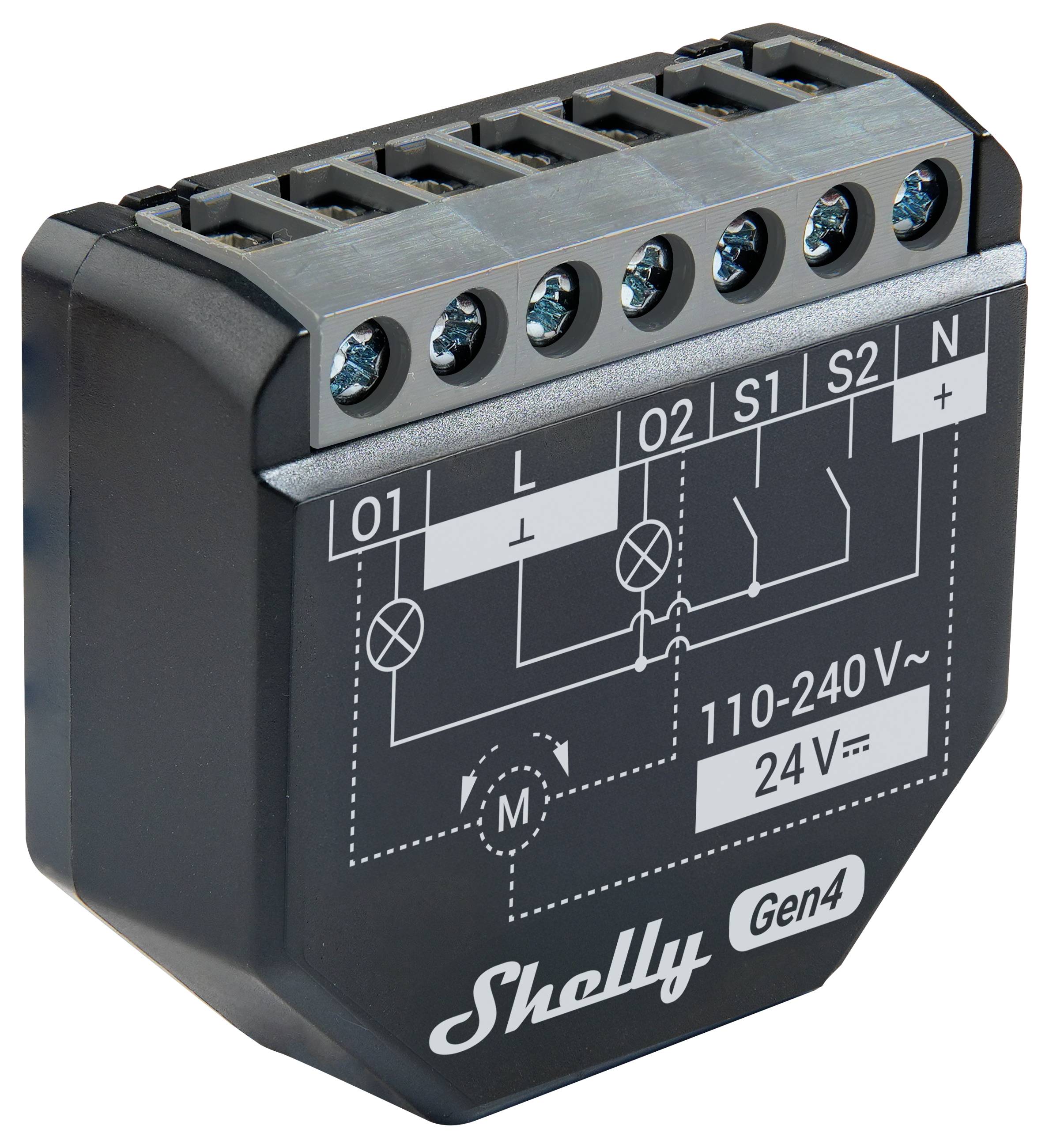 „Bild eines Shelly Gen4-Geräts, das Anschllussklemmen und ein Schaltbild mit gekennzeichneten Verbindungen zeigt. Unterstützt 110-240V-Eingang und 24V-Ausgang.