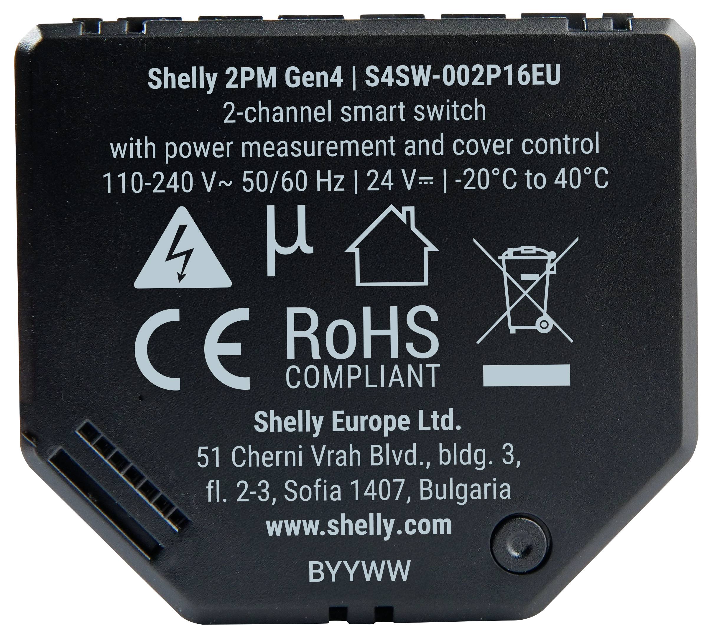 „Shelly 2PM Gen4, intelligenter 2-Kanal-Schalter mit Leistungsmessung und Jalousiesteuerung, RoHS-konform, Shelly Europe Ltd, Sofia, Bulgarien.