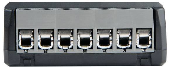 Ein Steckverbinderblock mit sechs Anschlüssen und Metallklammern, verwendet zur Befestigung von Elektrokabeln.