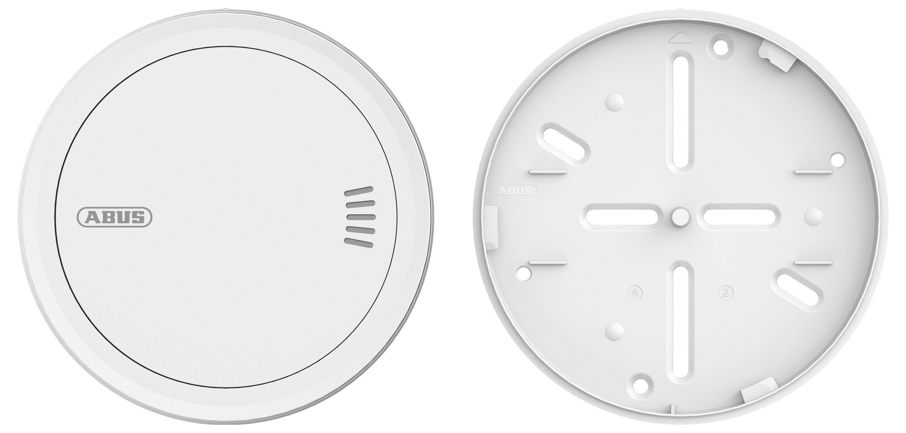 Rauchmelder mit Montageklammer. Weißes kreisförmiges Design, mit der Bezeichnung „ABUS