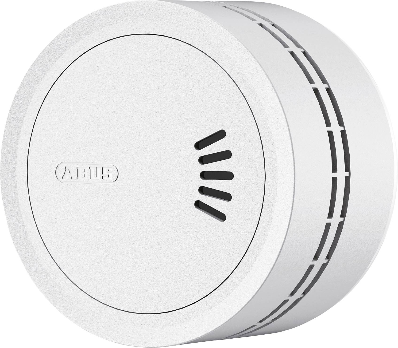 Ein runder weißer Rauchmelder mit einer belüfteten Seite und einem zentralen kreisförmigen Design.