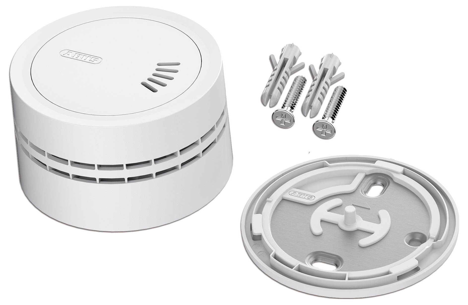 Ein weißer Rauchwächter mit einer Befestigungshalterung und zwei Schrauben, entwickelt für die Deckenmontage und gewährleistet die Sicherheit im Wohnbereich.