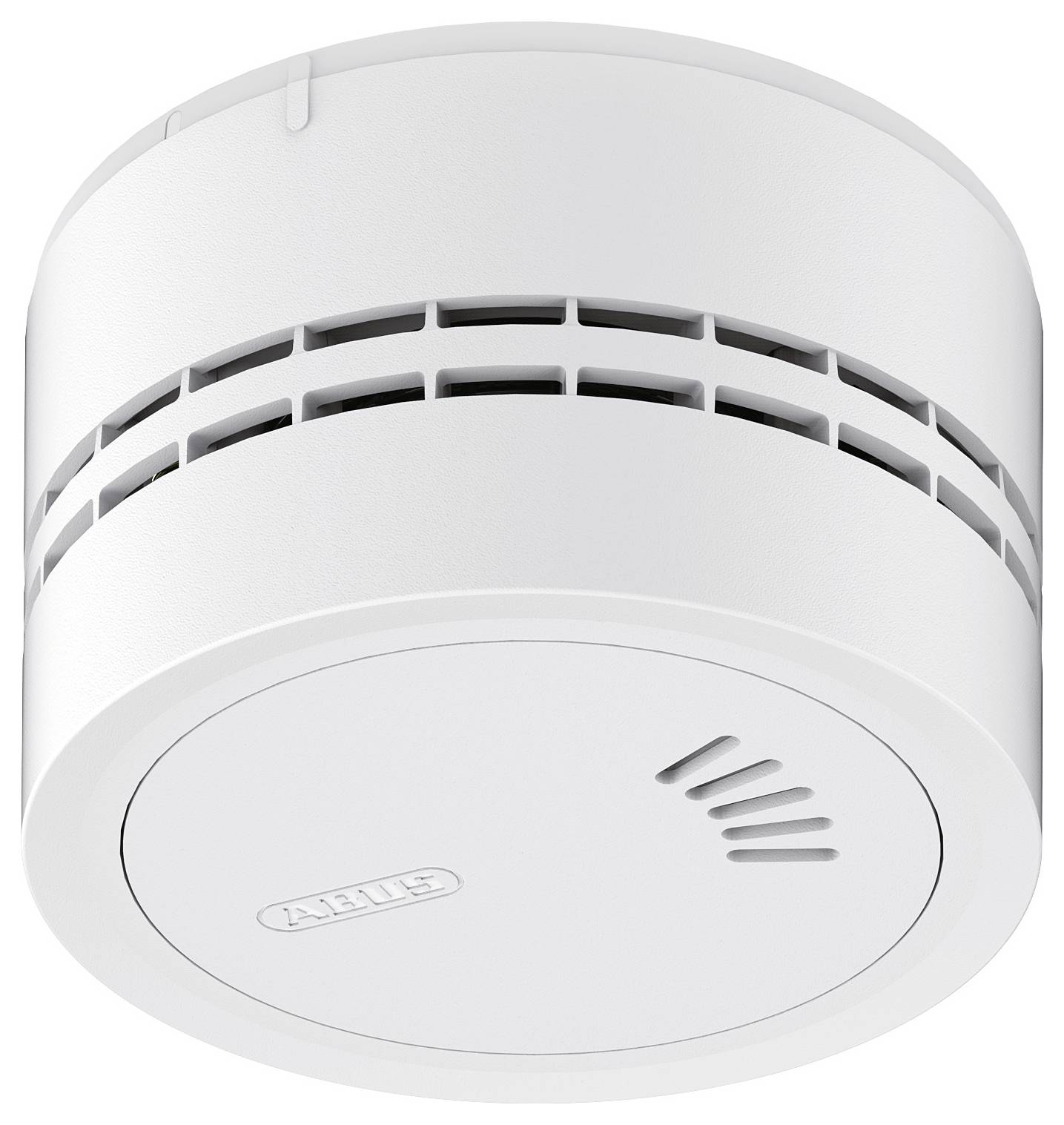 Ein weißer Rauchmelder mit kreisförmiger Ausgestaltung, der Belüftungsschlitze und einen eingeprägten Markennamen auf seiner Oberfläche aufweist.