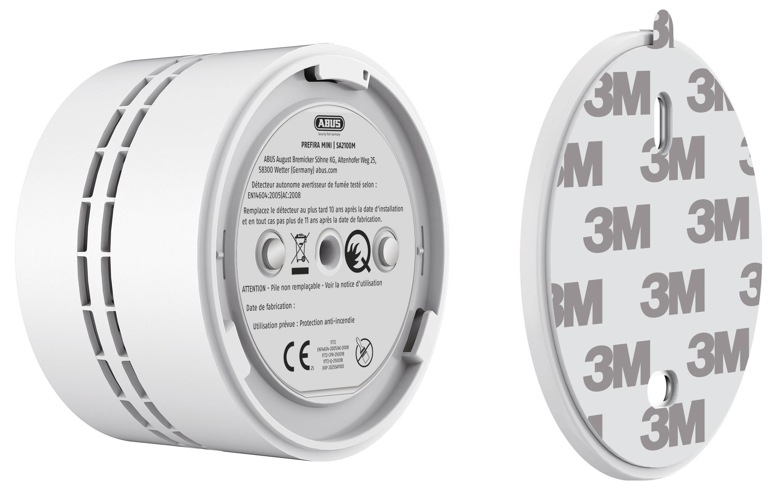Ein Rauchmelder mit rundem Design wird neben einer abnehmbaren Basis mit 3M-Klebstoffrücken gezeigt, was eine einfache Montage ermöglicht.