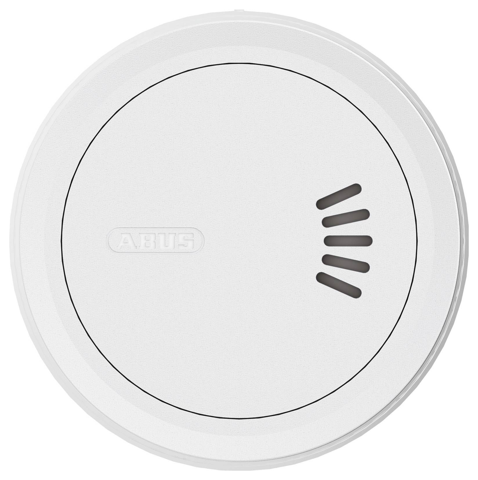 Ein runder, weißer Rauchmelder mit einem kleinen Satz schwarzer Lüftungsöffnungen auf einer Seite. Der Markenname ist auf der Oberfläche geprägt.