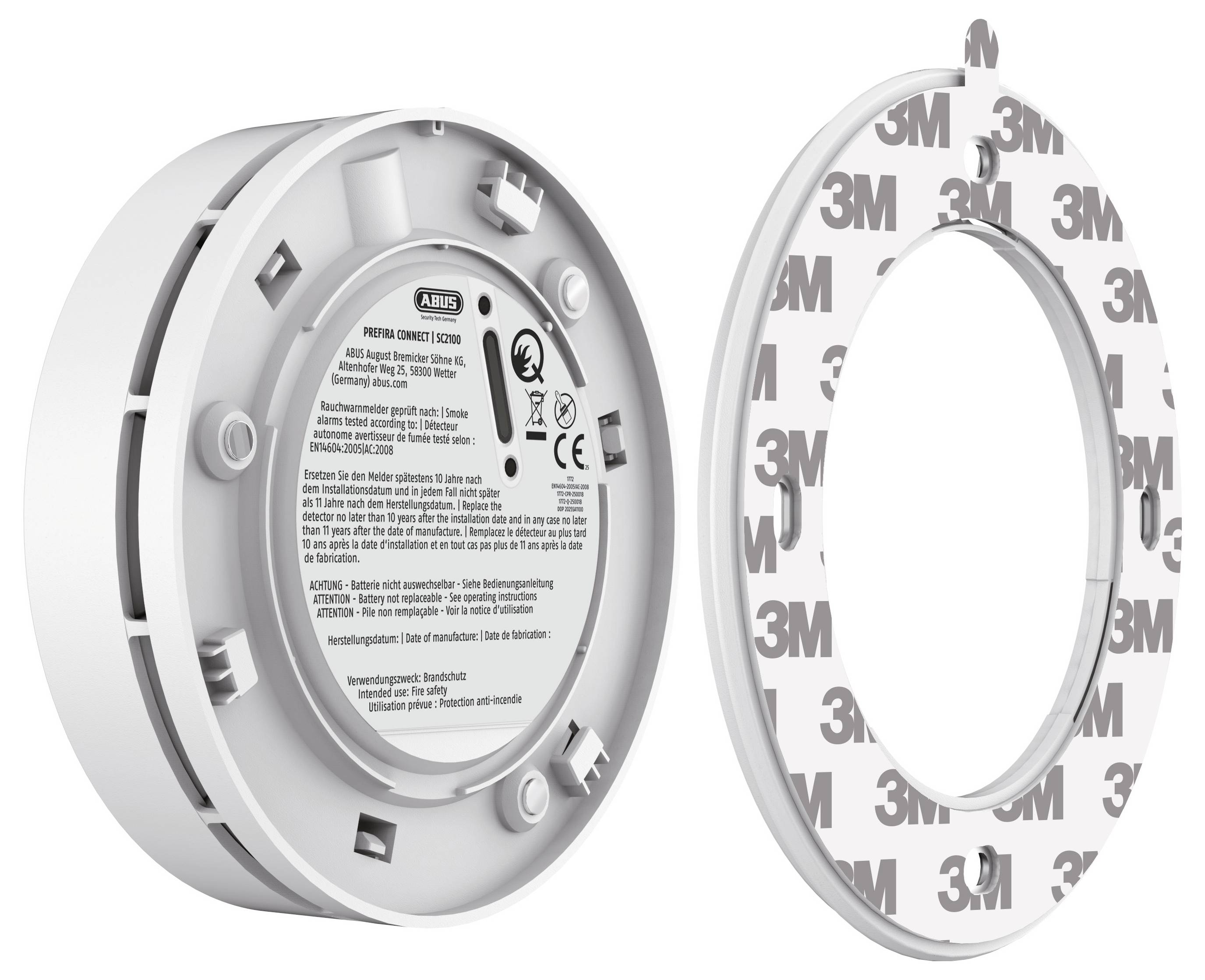 Eine Ansicht einer Rauchmelderbasis mit einem sichtbaren 3M-Klebebefestigungspad, das wichtige Sicherheitskennzeichnungen und Installationsmarkierungen zeigt.