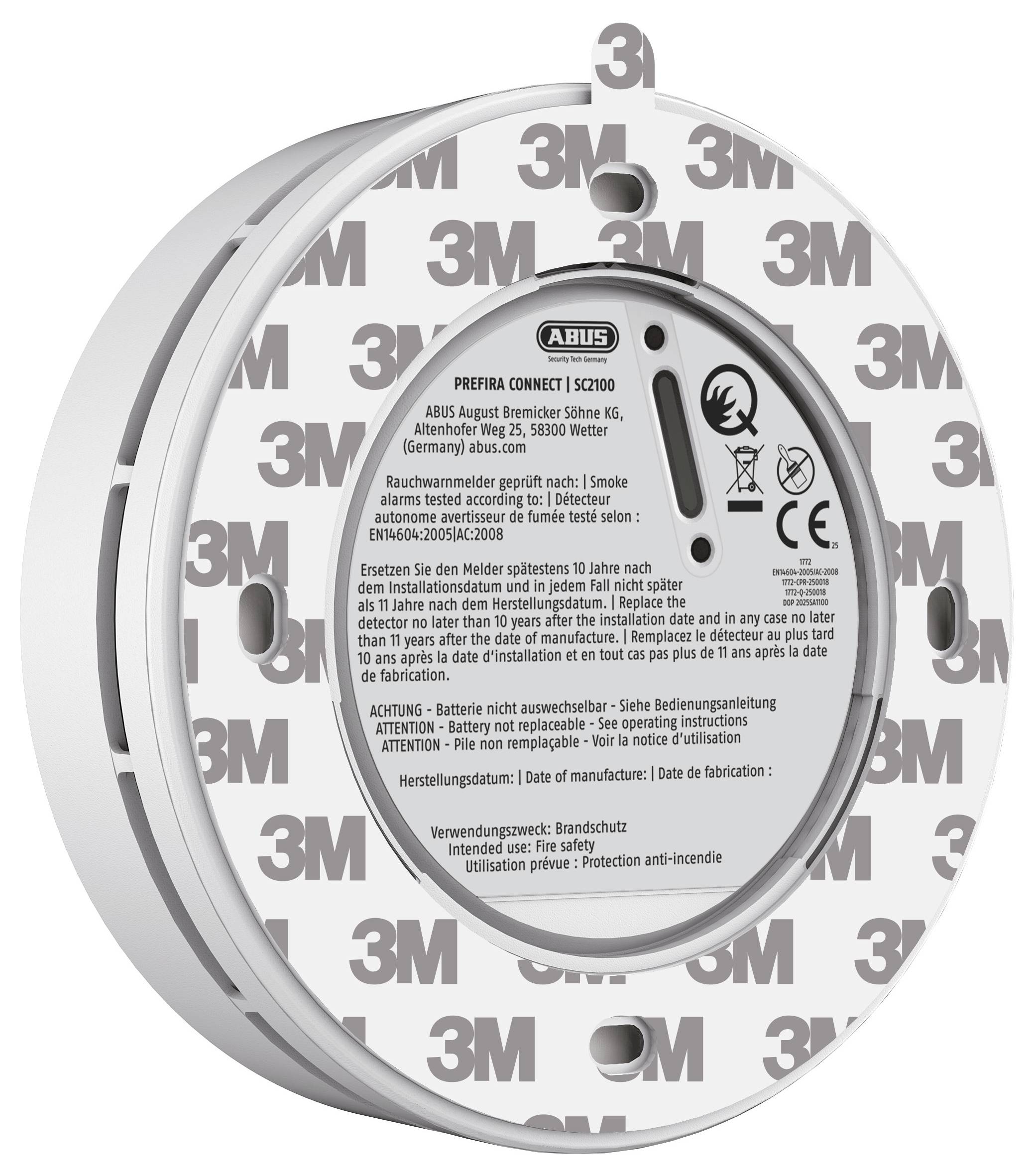 Das Bild zeigt die Rückseite eines runden Rauchmelders mit der Bezeichnung „ABUS